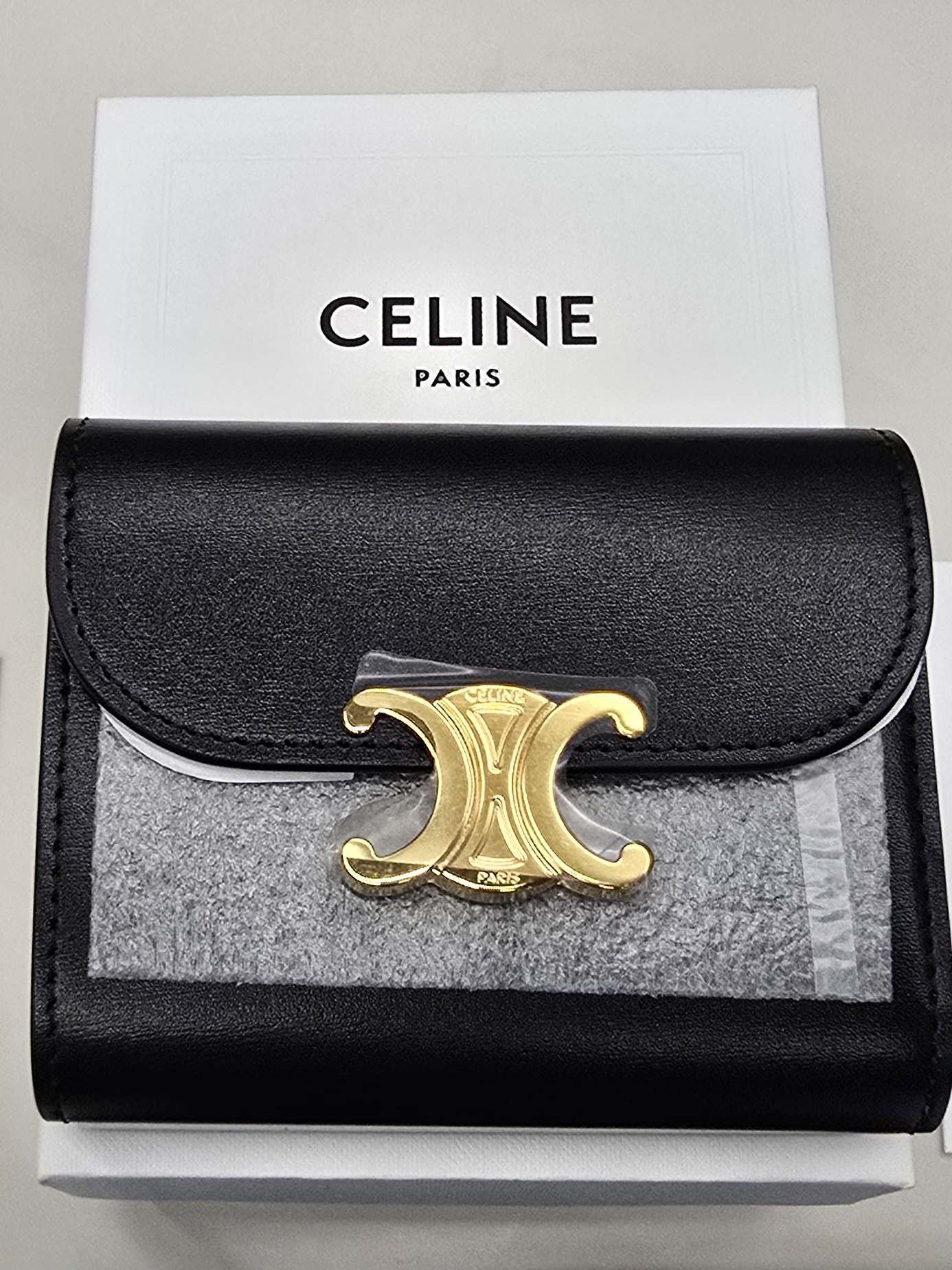 Celine Black Leather Wallet With Gold Triomphe Hardware